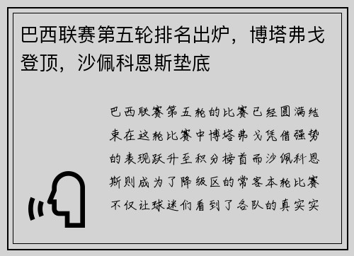 巴西联赛第五轮排名出炉，博塔弗戈登顶，沙佩科恩斯垫底